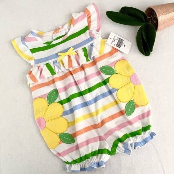 Girl's Good Lad Striped Play Romper with Yellow Flower Applique size 6M New - Picture 1 of 6